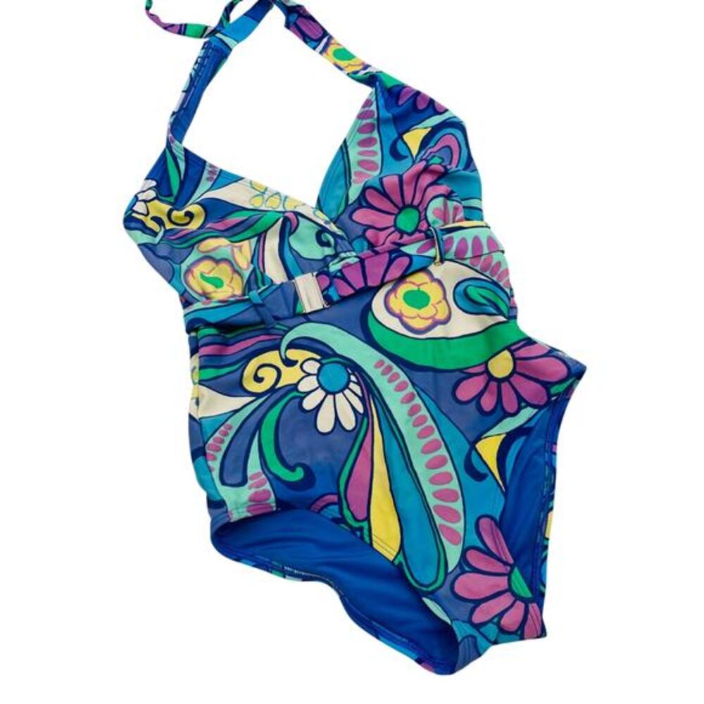 Aerie blue purple retro one piece halter swimsuit